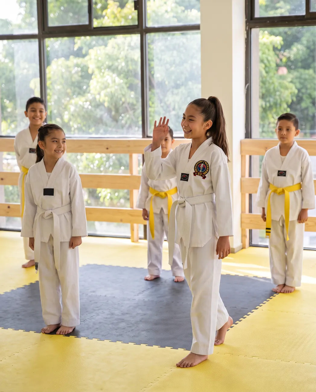 Desde atrás de su papá, la niña saluda feliz en su primera clase, junto a sus compañeros
