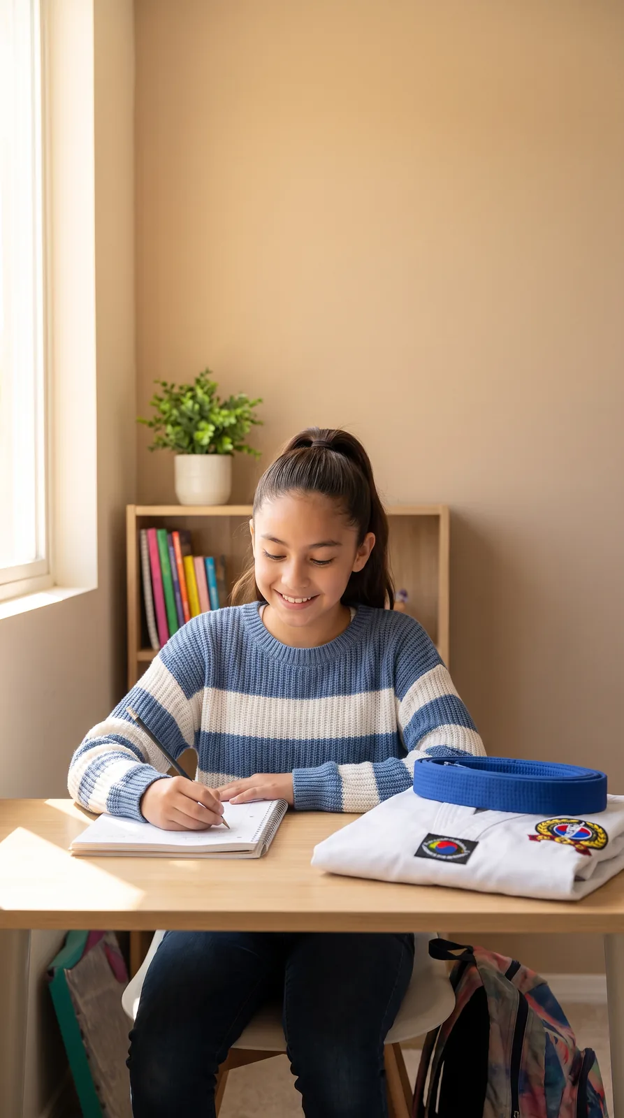 La niña hace su tarea en casa; junto a ella, su dobok doblado con la cinta azul